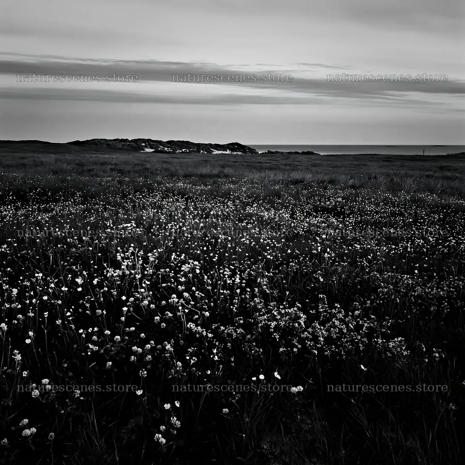 Meadow with flowers at dusk near the ocean – nature scenes 7938x7938