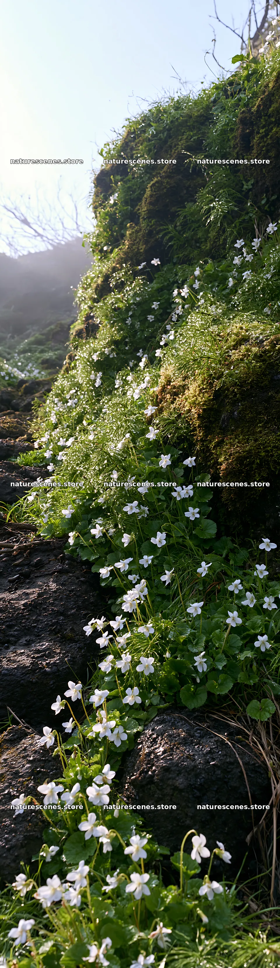 Miyagi spring recovery meadow mossy stone with white flowers – nature scenes 4268x14762
