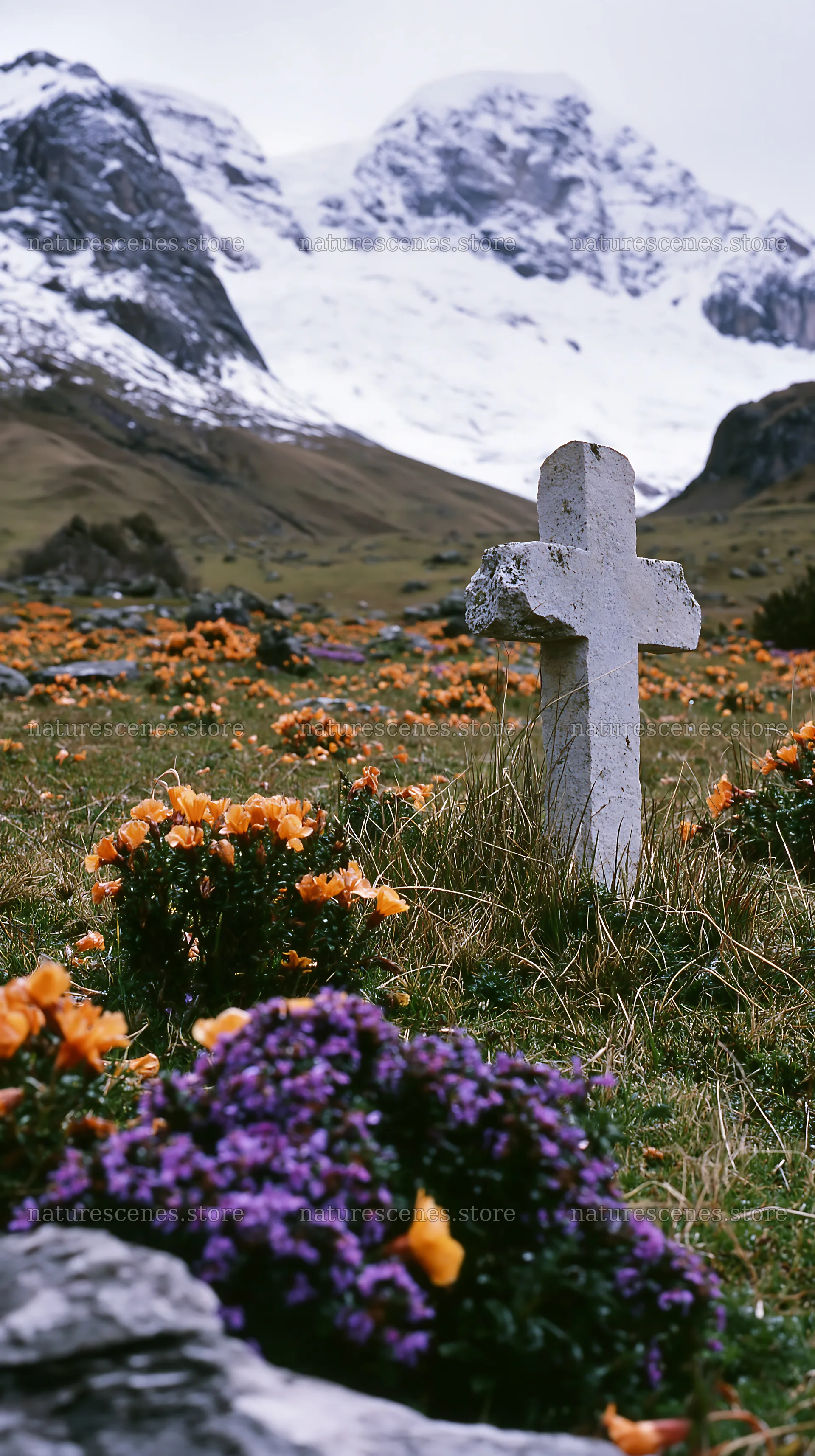 White Christian cross in meadow with flowers and mountains – nature scenes 5938x10608