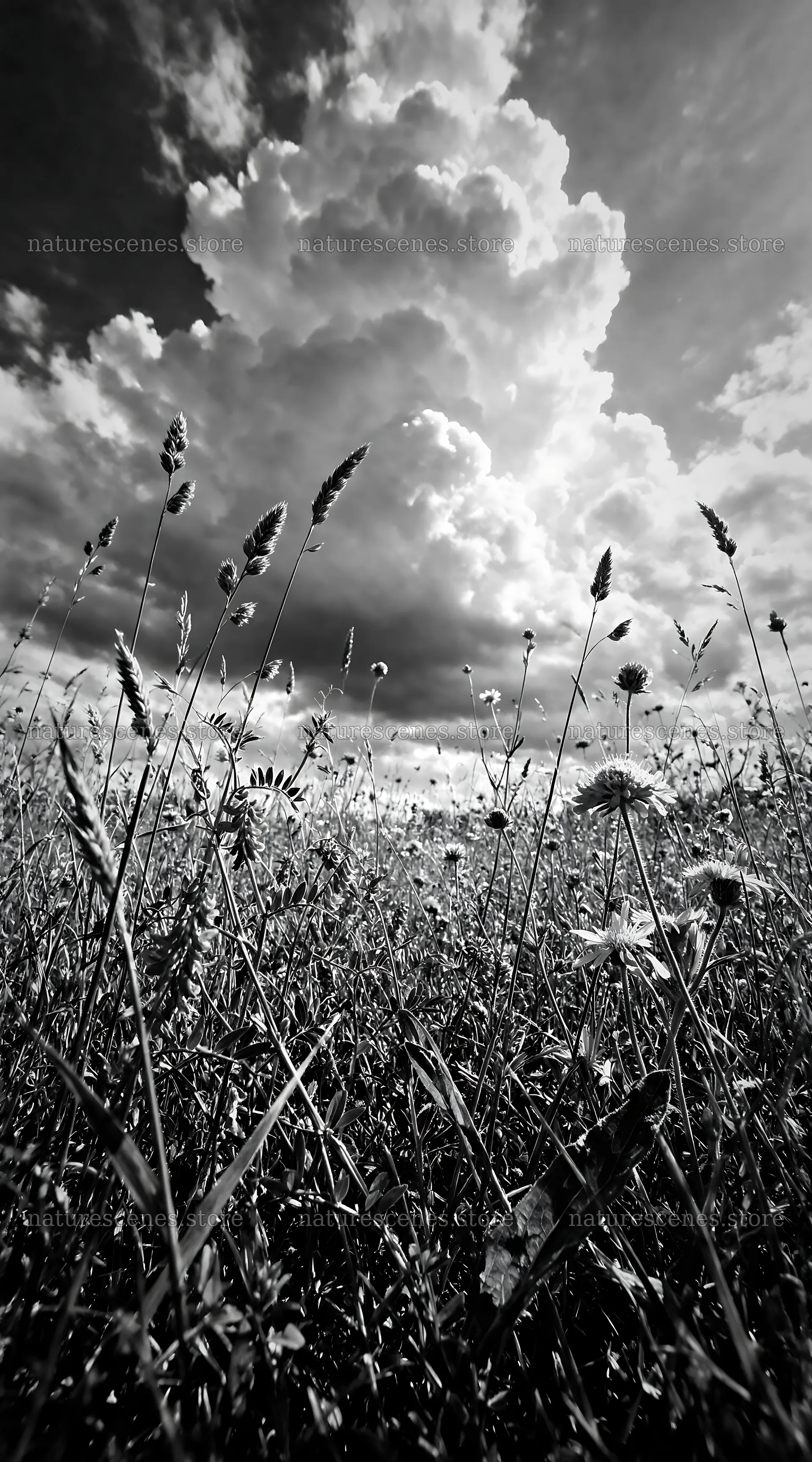 Biodiverse meadow with flowers under a cloudy sky – nature scenes 5916x10648