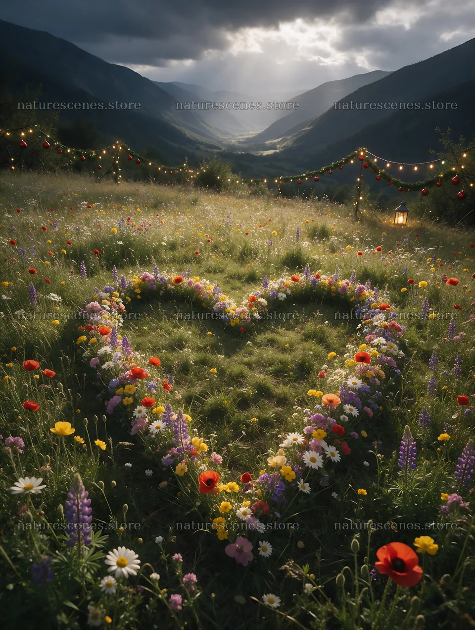 Christmas string lights in mountain valley meadow – nature scenes 6898x9134