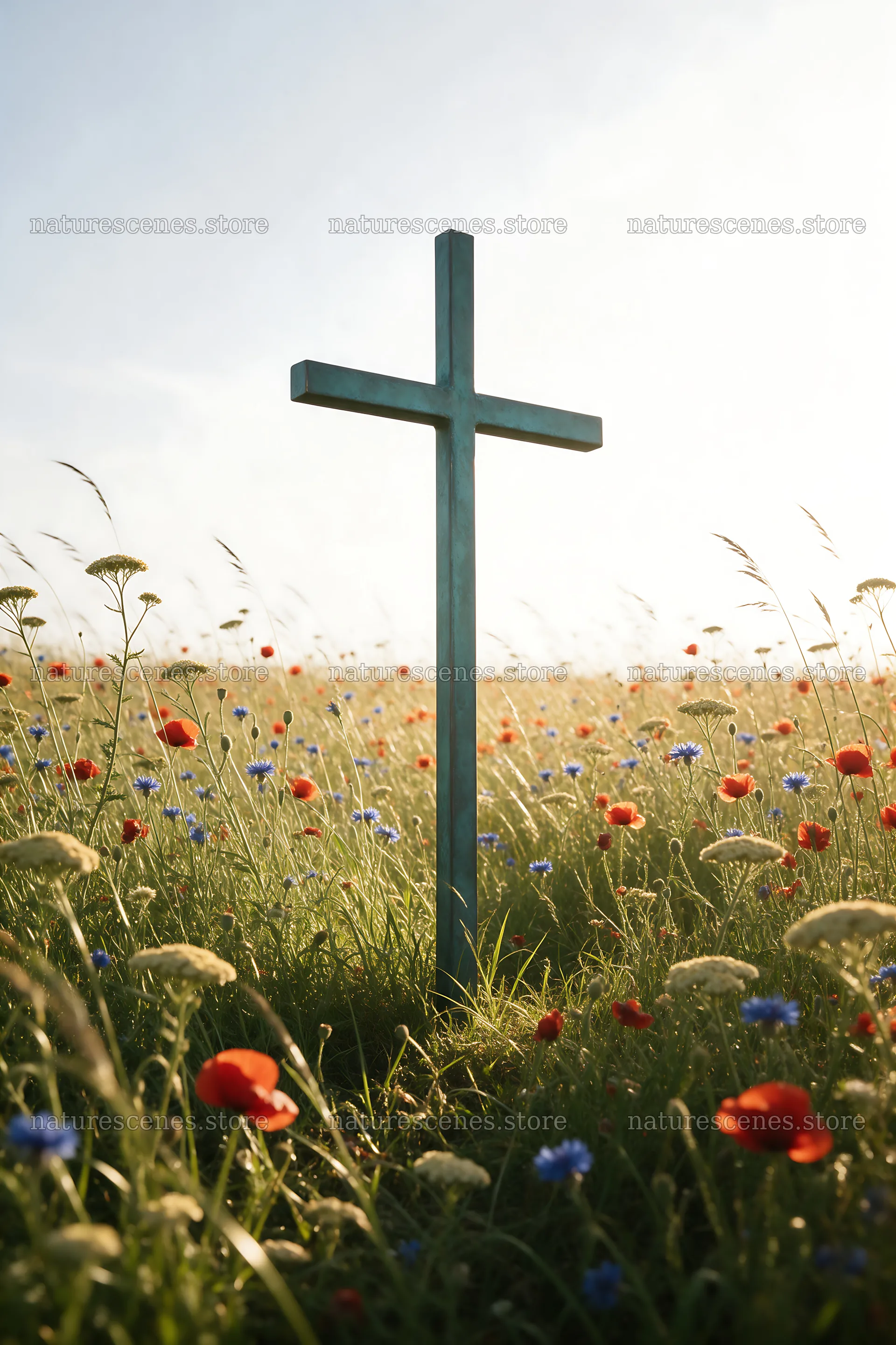 Christian cross in meadow with light rays – nature scenes 6480x9722