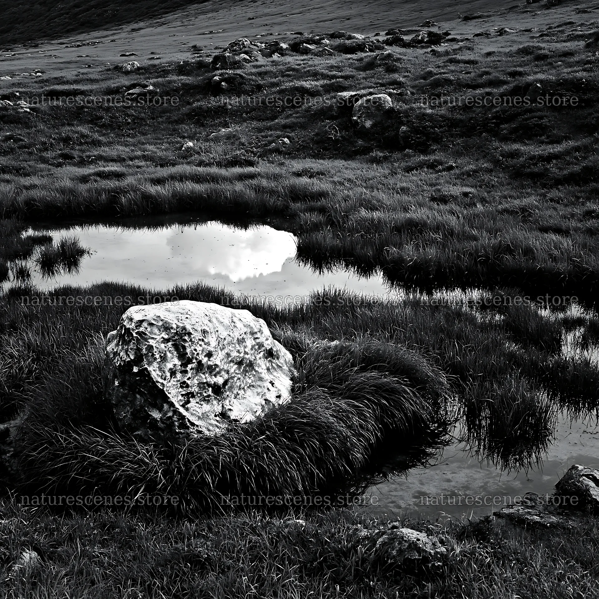 Yamaguchi limestone meadow with pale boulder and water – nature scenes 7938x7938
