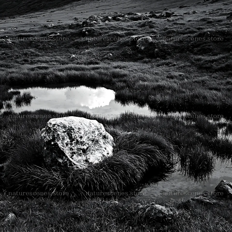 Yamaguchi limestone meadow with pale boulder and water – nature scenes 7938x7938