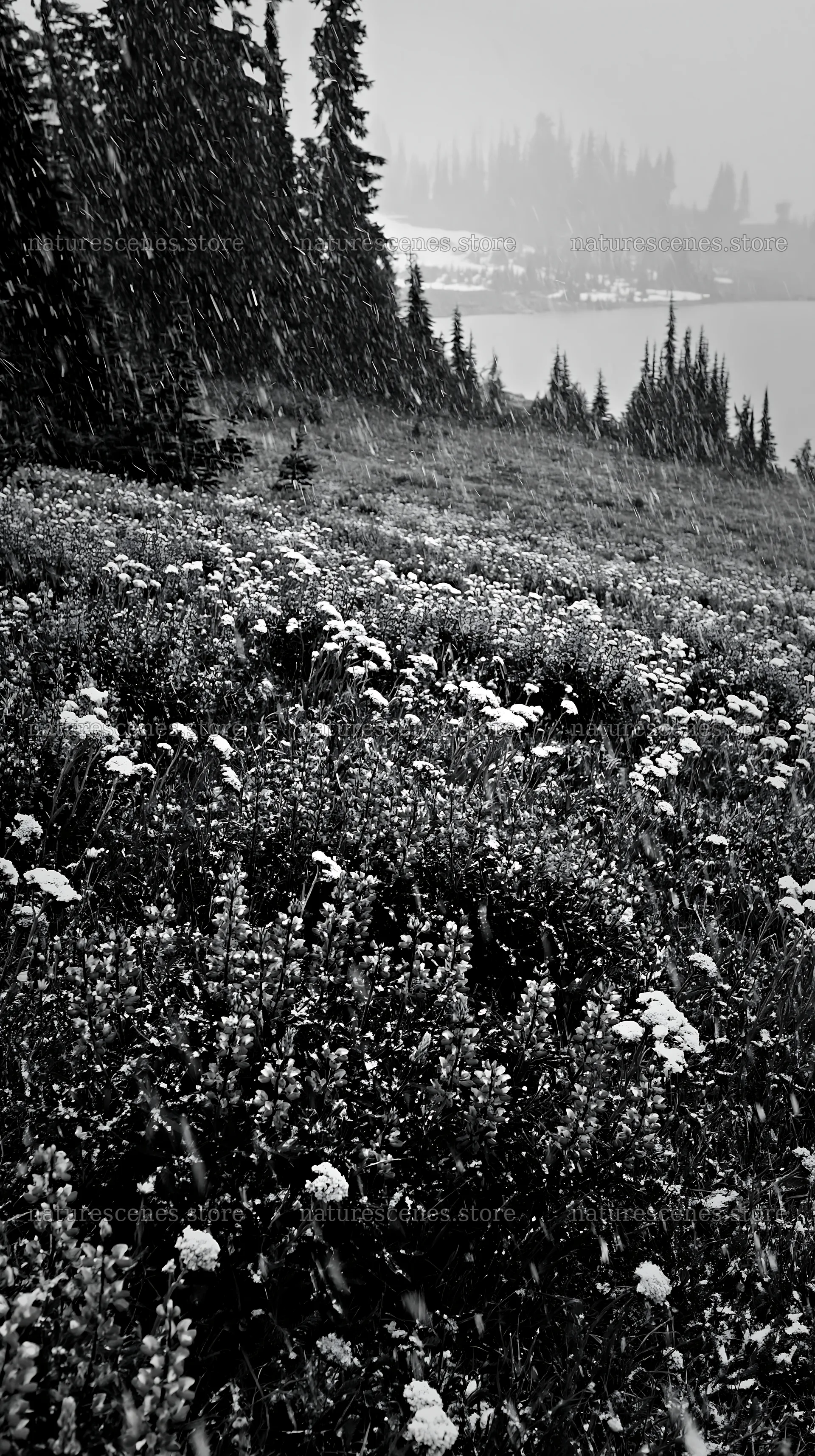 Snowy lakeside meadow with flowers and trees in winter – nature scenes 5938x10608
