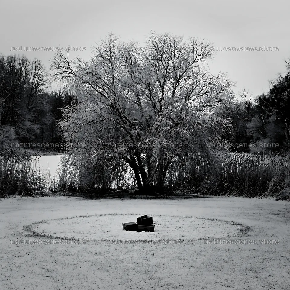 Snowy meadow with wrapped presents in winter landscape – nature scenes 7938x7938