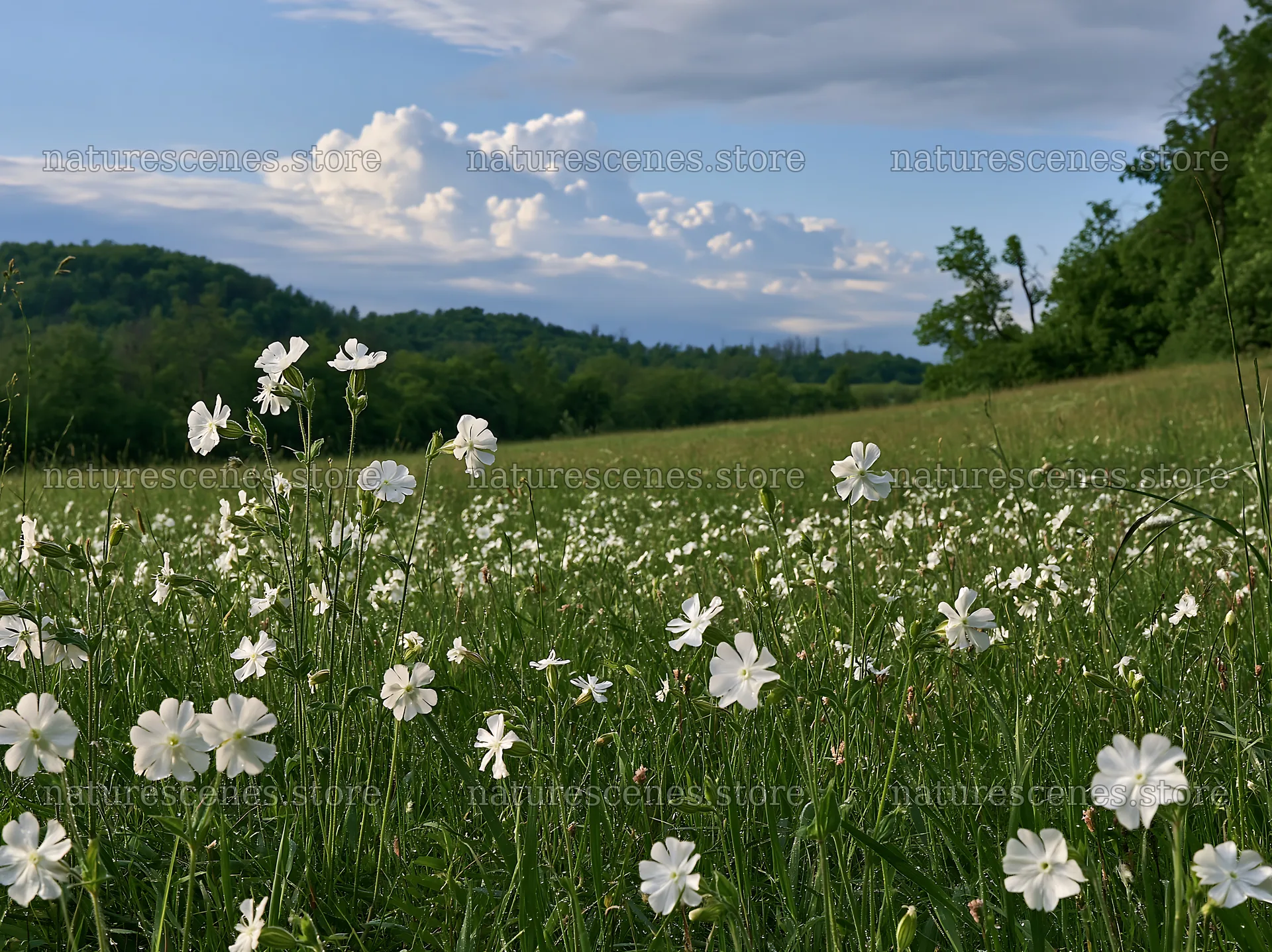 Hungarian meadow along wooded valley with white flowers – nature scenes 9174x6866
