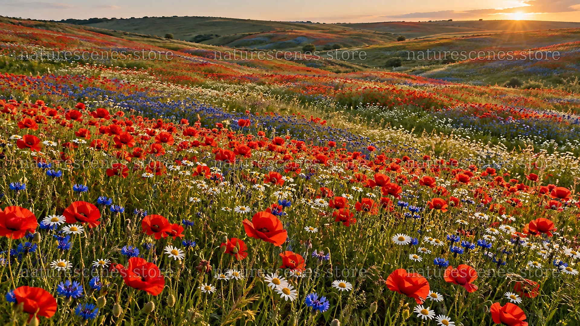 Wildflower Meadow on Rolling Hills at Sunset – nature scenes 10324x5812