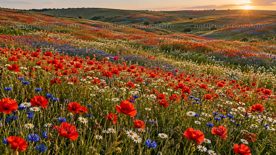 Wildflower Meadow on Rolling Hills at Sunset – nature scenes 10324x5812