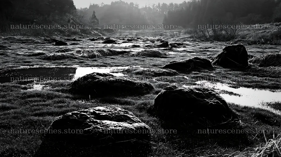 Mossy stones in Miyagi spring recovery meadow landscape – nature scenes 10608x5938