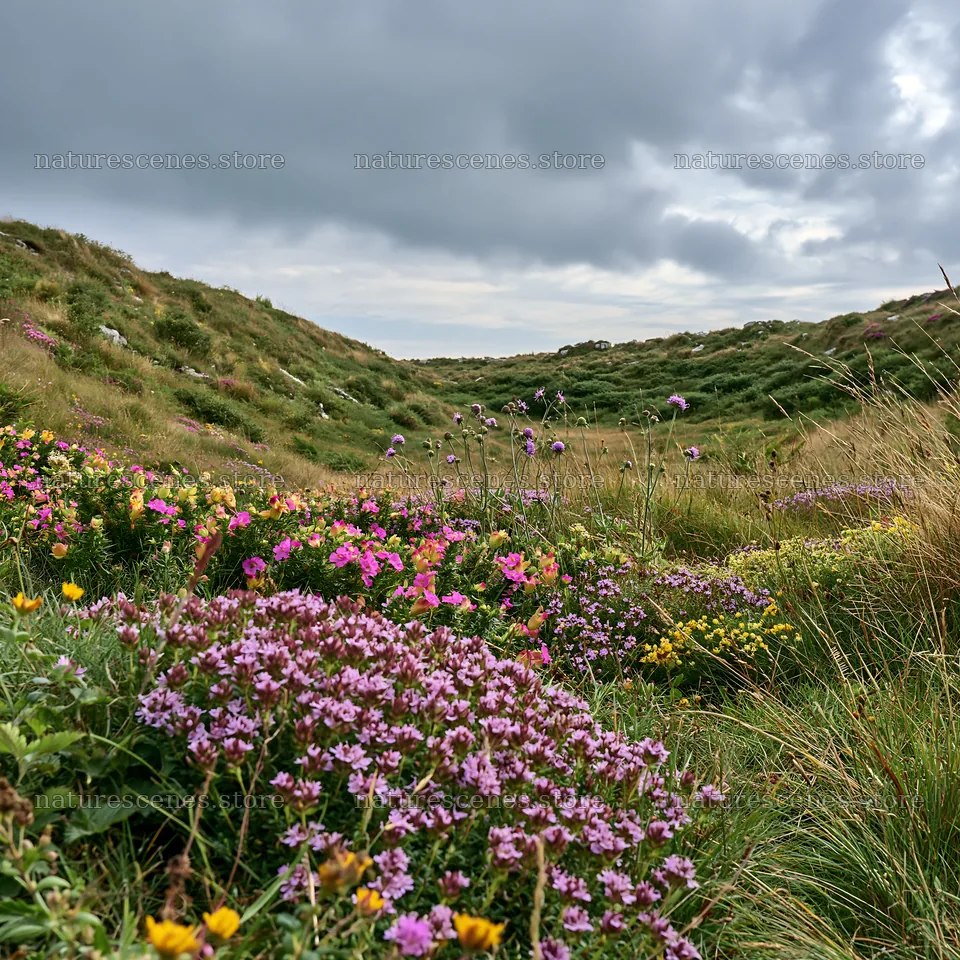 Cloudy wild thyme meadow with various blooming flowers – nature scenes 7938x7938