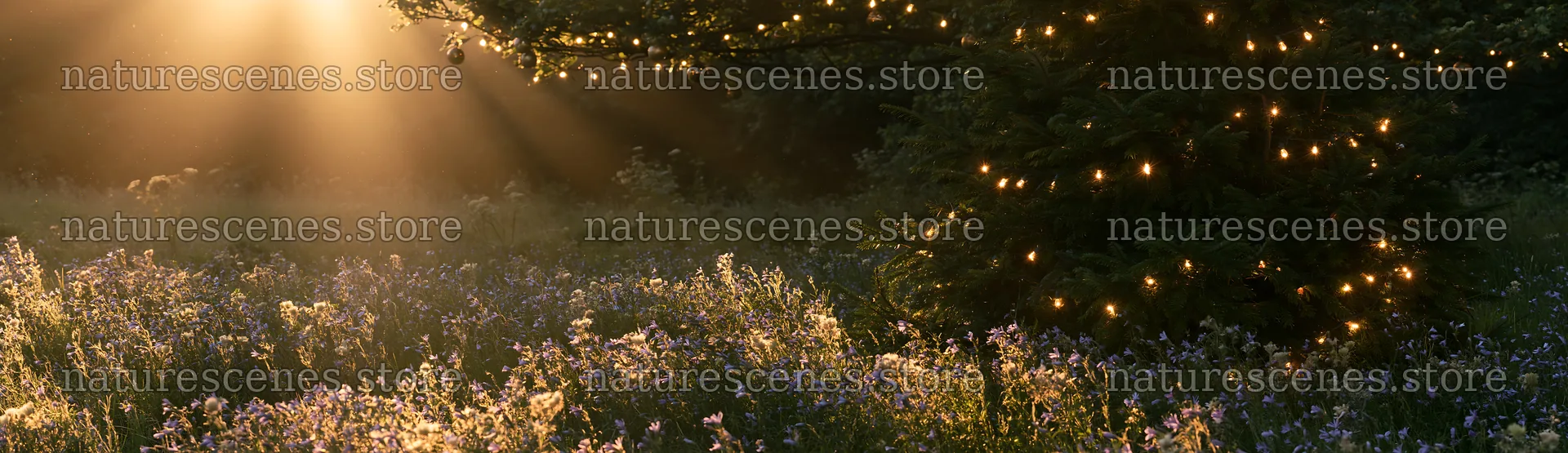 Christmas tree in meadow with sunbeams shining through leaves – nature scenes 14762x4268