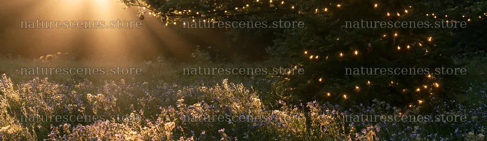 Christmas tree in meadow with sunbeams shining through leaves – nature scenes 14762x4268