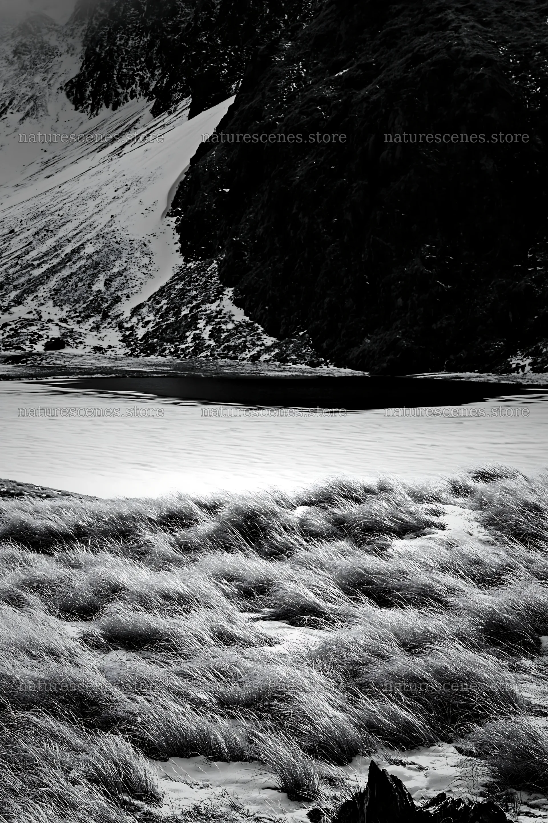 Frozen tarn meadow in a mountainous landscape with clear ice – nature scenes 6480x9722