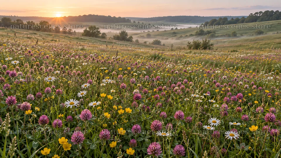 Wildflower Meadow in Warm Sunrise Light – nature scenes 10324x5812