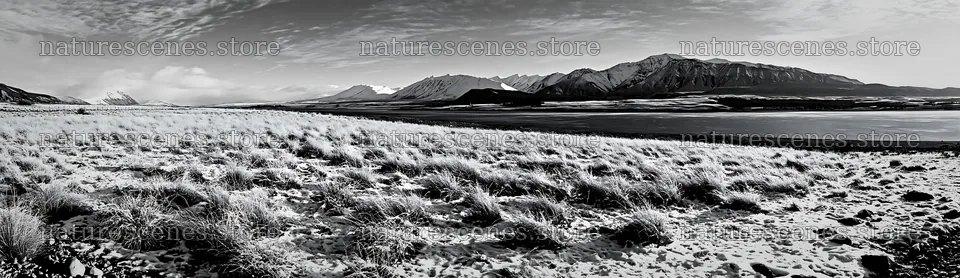 Lakeside meadow after first snowfall in black and white – nature scenes 14762x4268