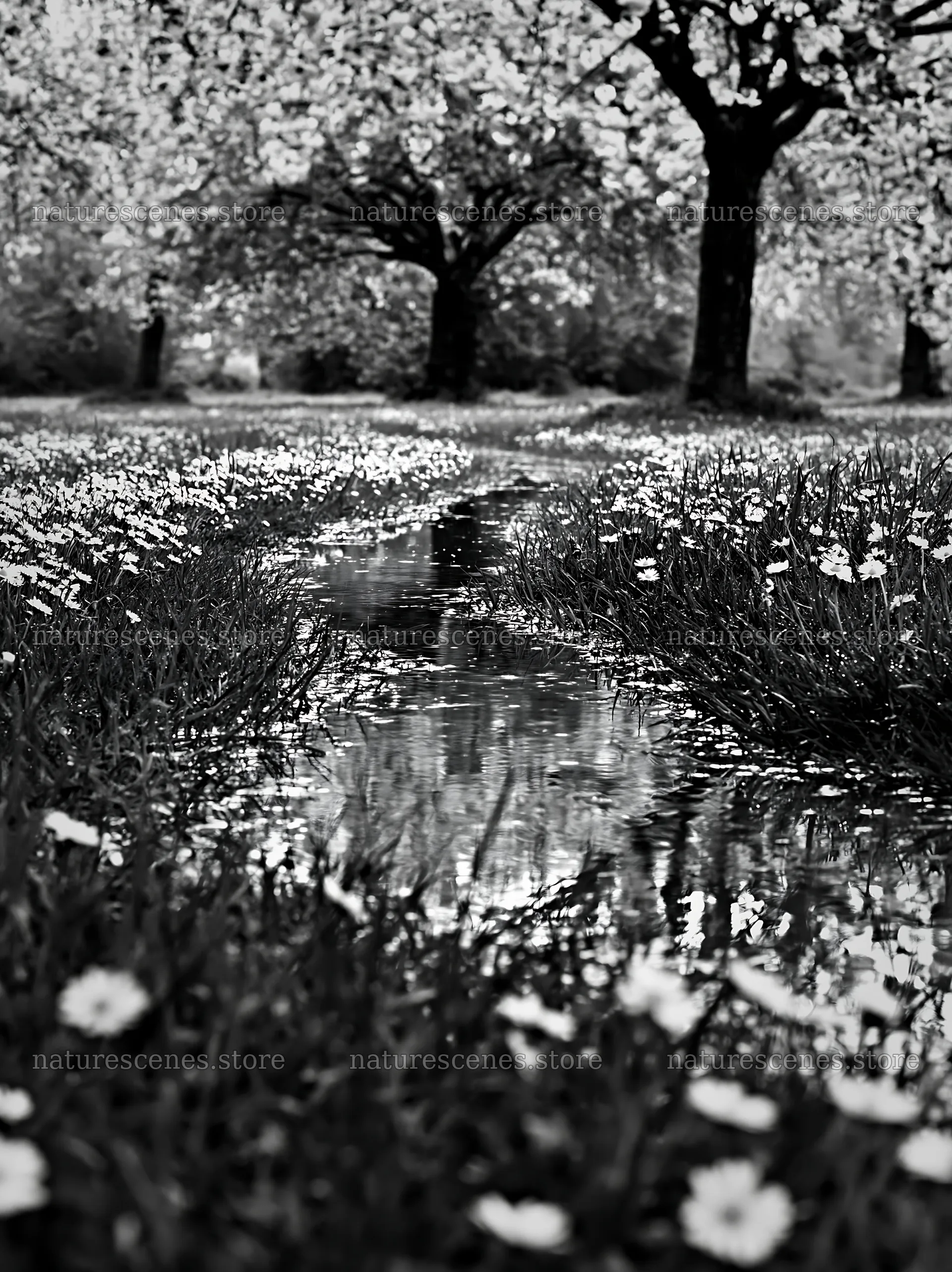 Spring orchard meadow with flowers and reflections in water – nature scenes 6866x9174