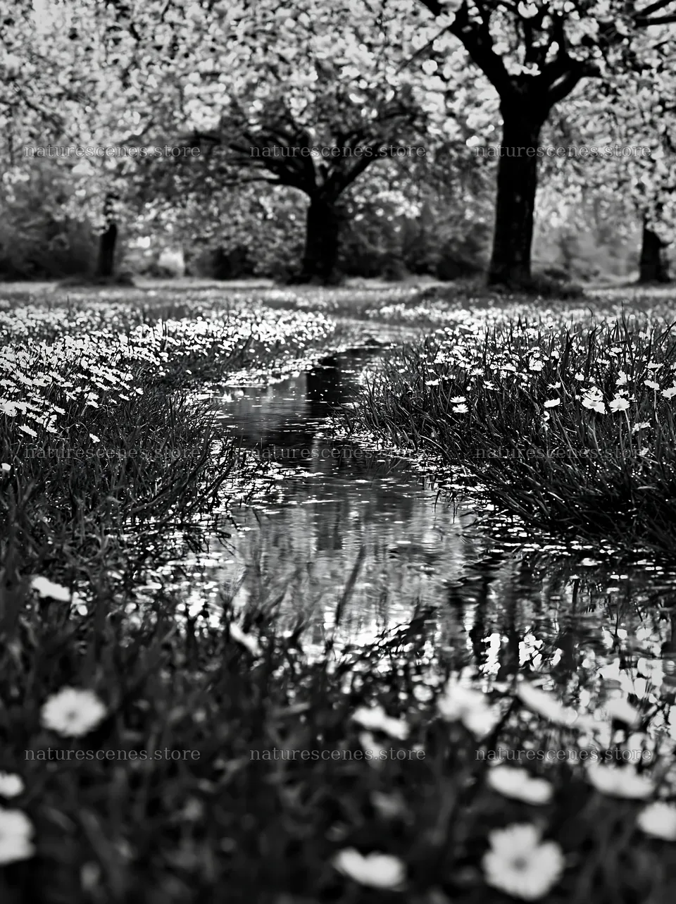 Spring orchard meadow with flowers and reflections in water – nature scenes 6866x9174