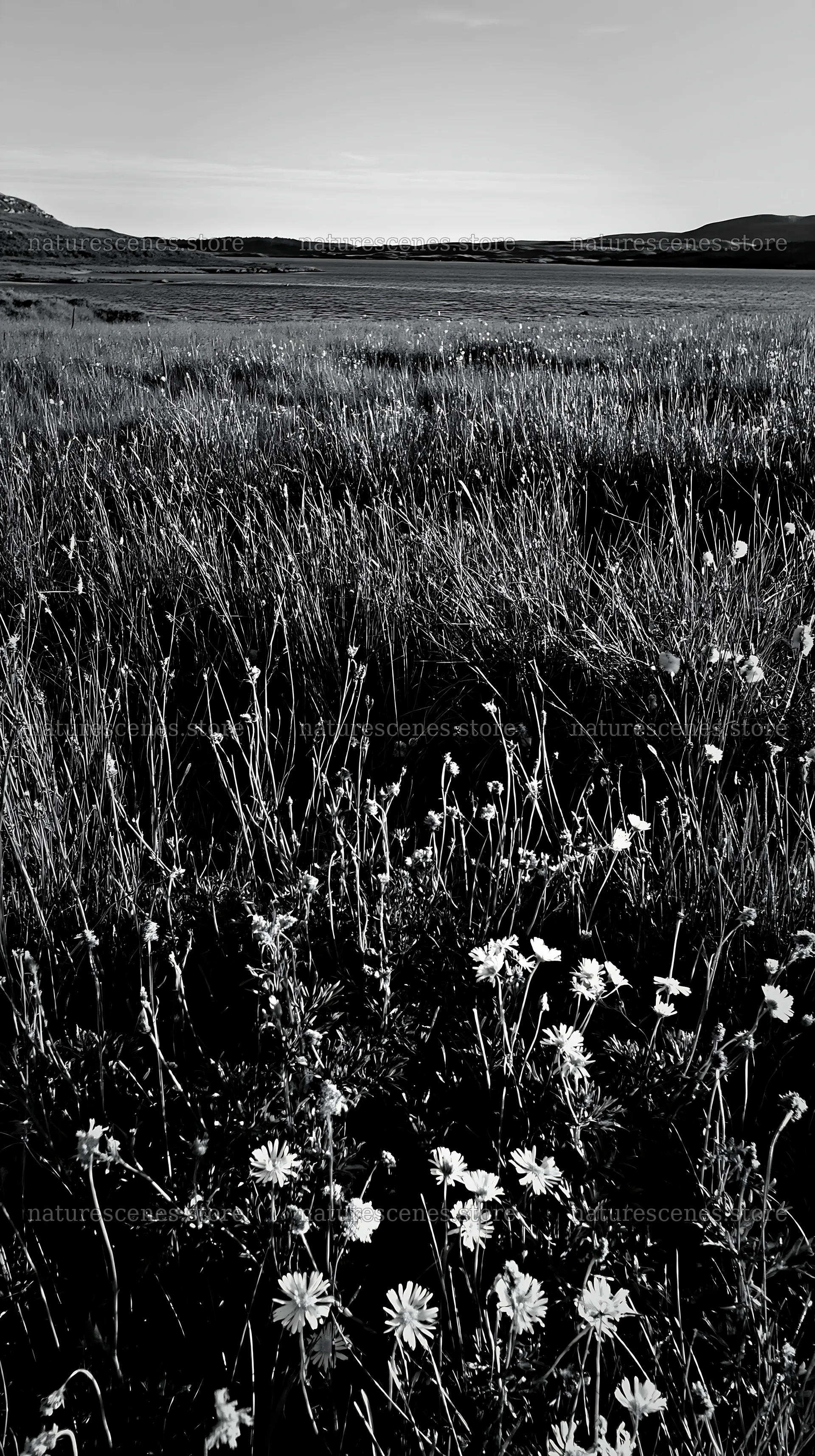 Aurora meadow coast with wildflowers and grass in black and white – nature scenes 5938x10608