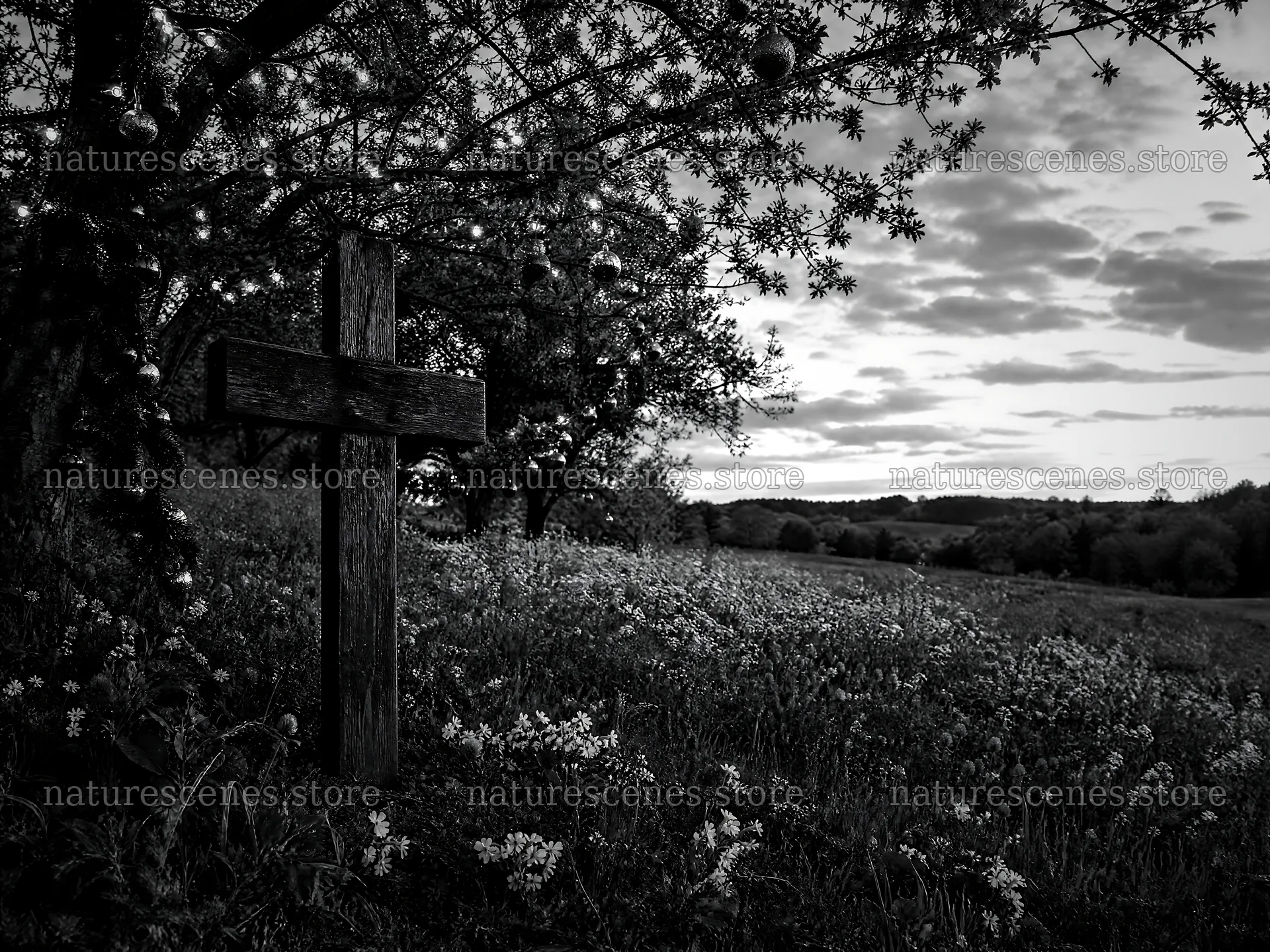 Rustic Christian cross in spring meadow at sunset – nature scenes 9166x6874