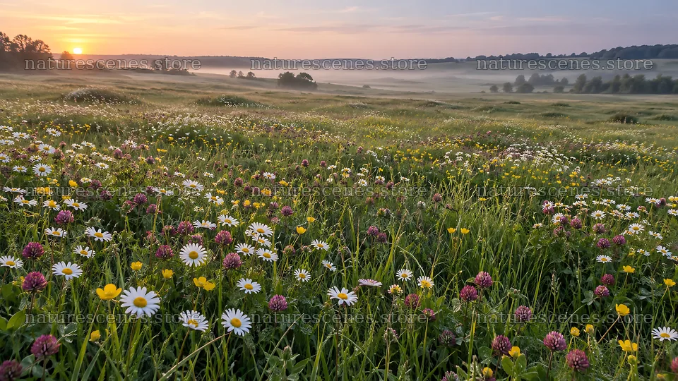 Wildflower Meadow in Morning Mist at Sunrise – nature scenes 10324x5812