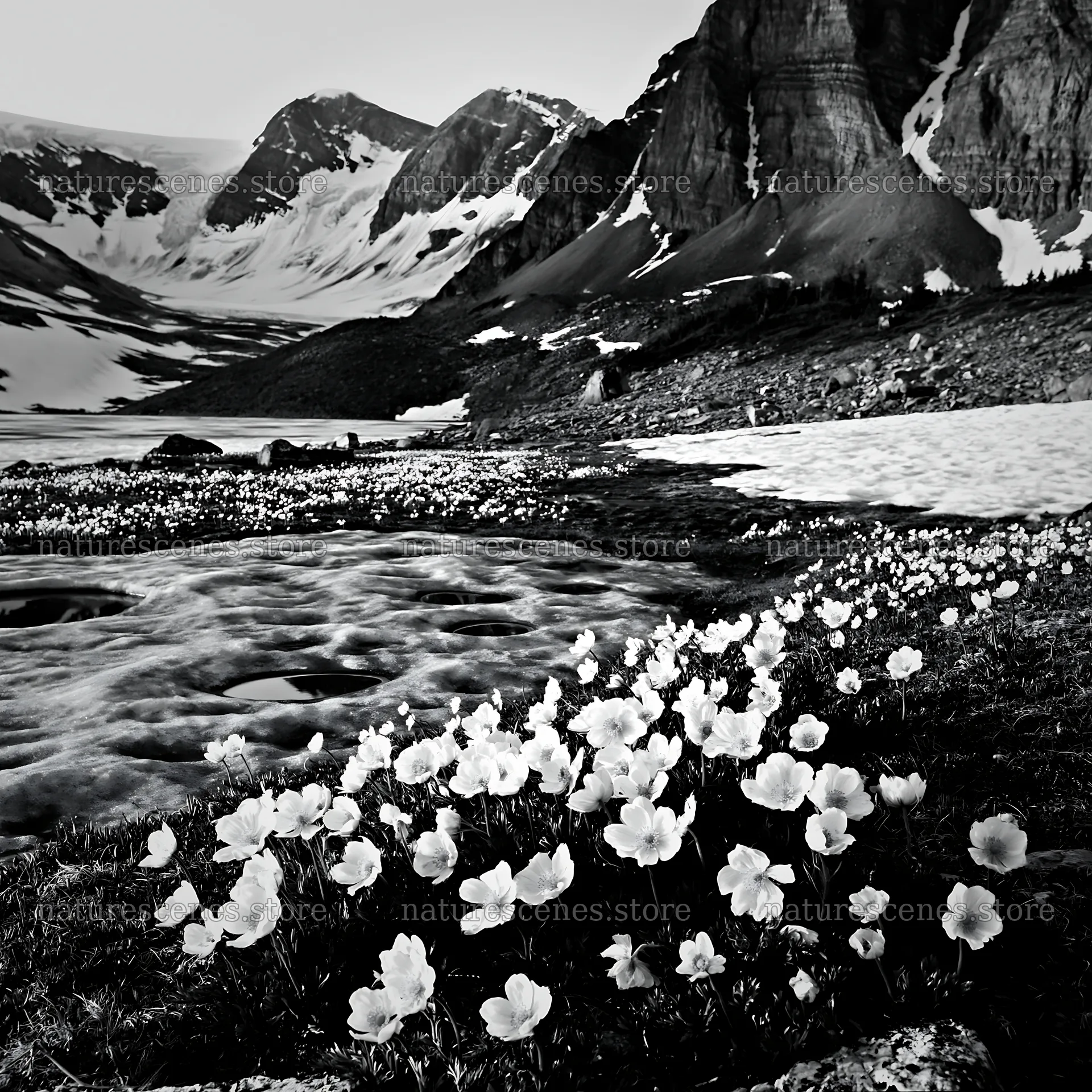 Frozen tarn meadow with flowers and mountains in the background – nature scenes 7938x7938