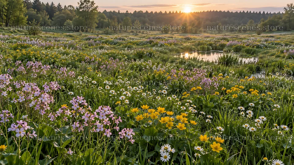 Wildflower Meadow in a Forest Clearing at Golden Hour – nature scenes 10324x5812