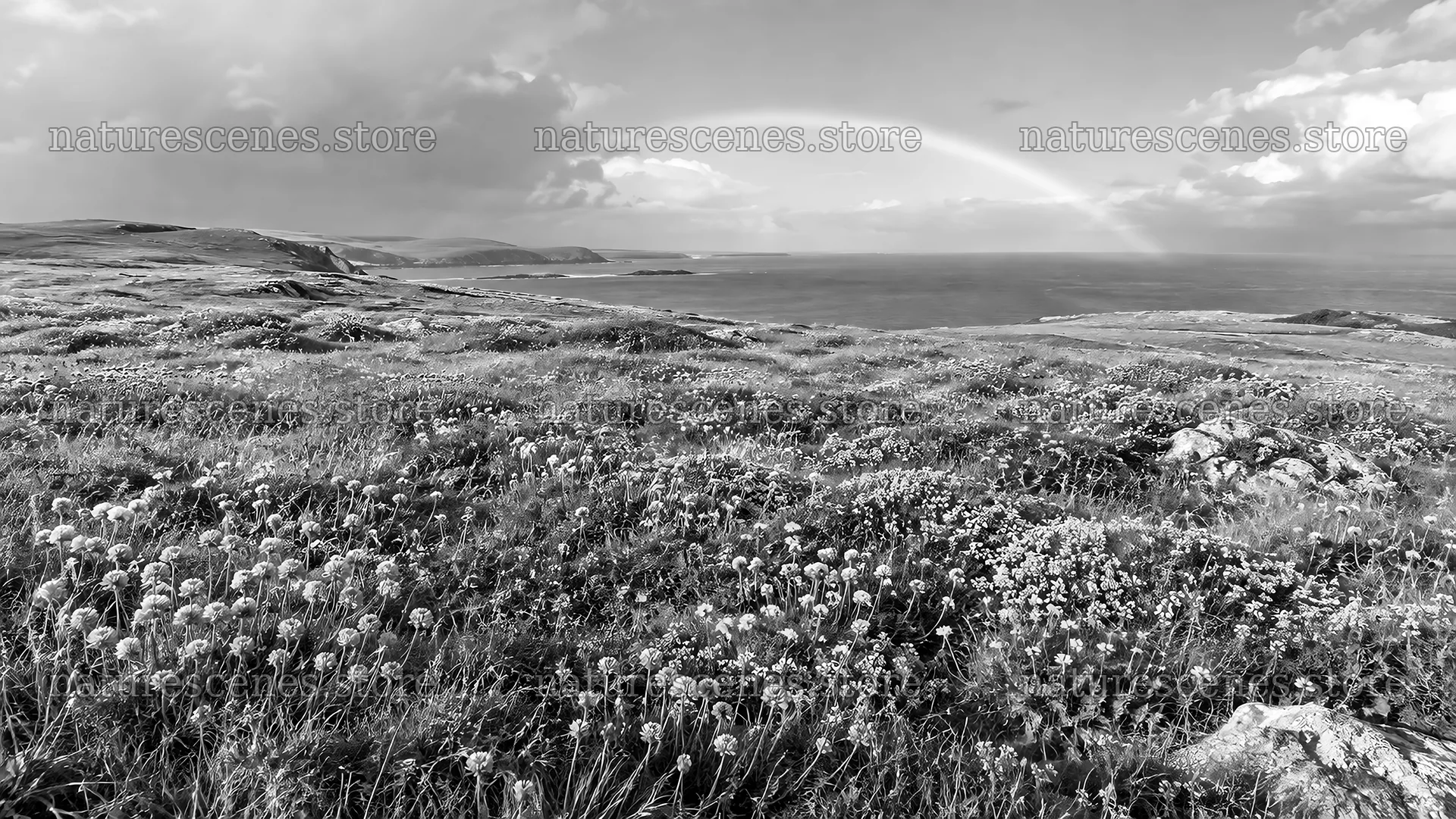 Black and White Coastal Meadow and Rainbow – nature scenes 10324x5812