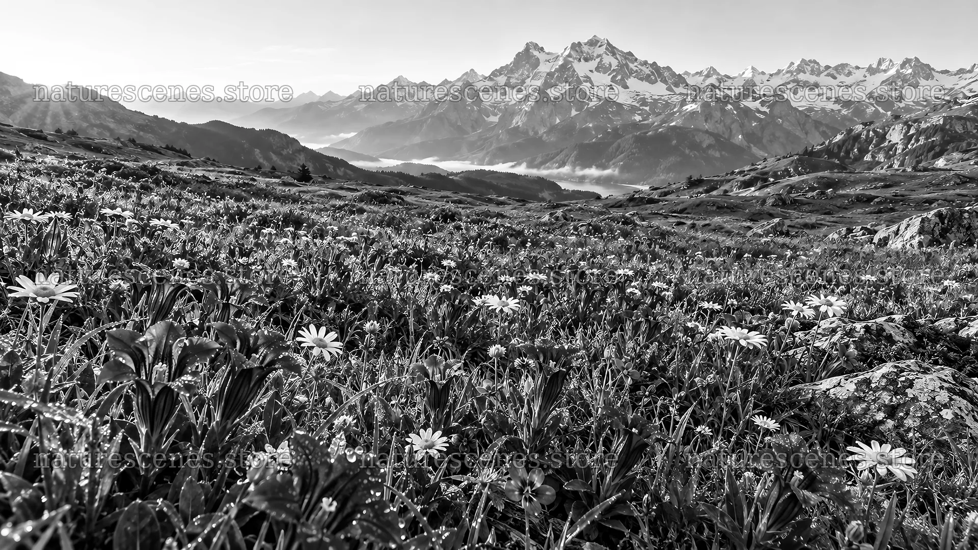 Black and White Mountain Meadow with Snowy Peaks – nature scenes 10324x5812