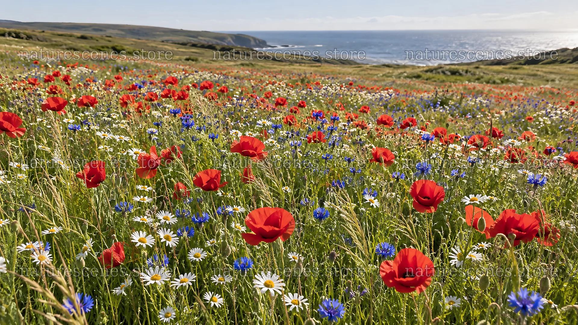 Coastal Meadow of Red Poppies and Wildflowers – nature scenes 10324x5812