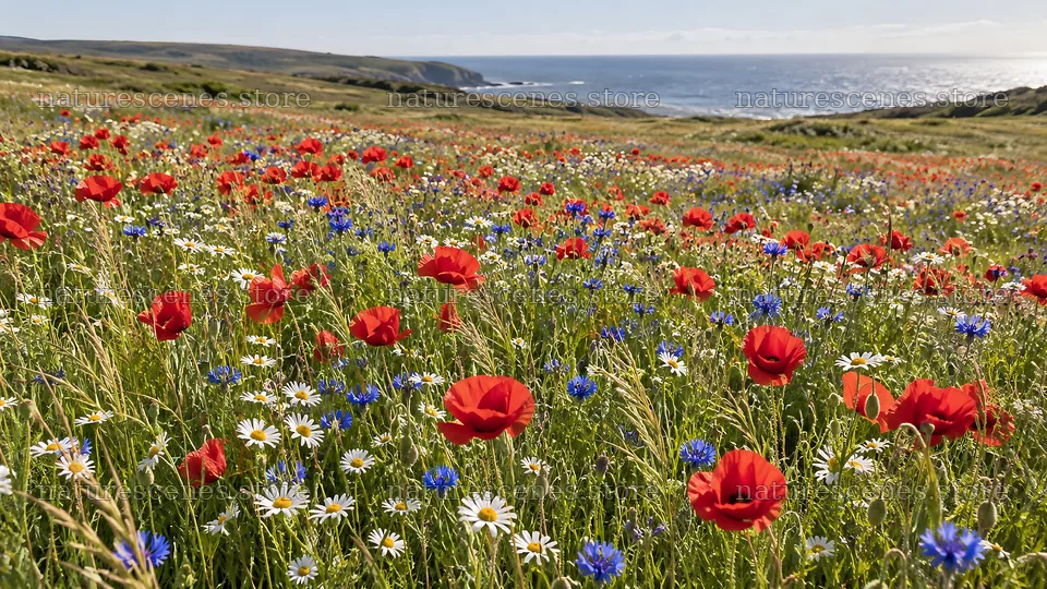 Coastal Meadow of Red Poppies and Wildflowers – nature scenes 10324x5812