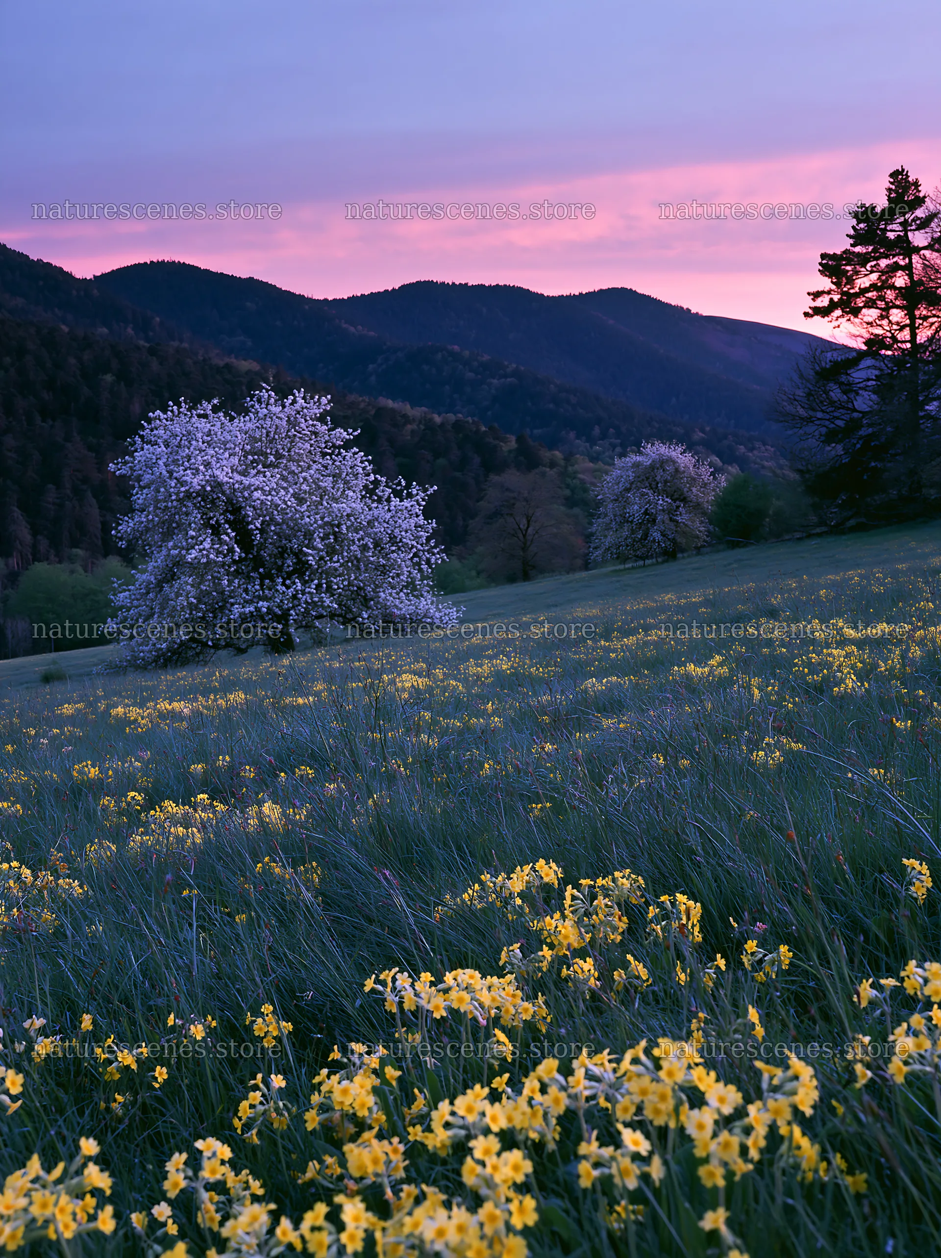 Apple meadow at sunset with mountains and flowers – nature scenes 6866x9174