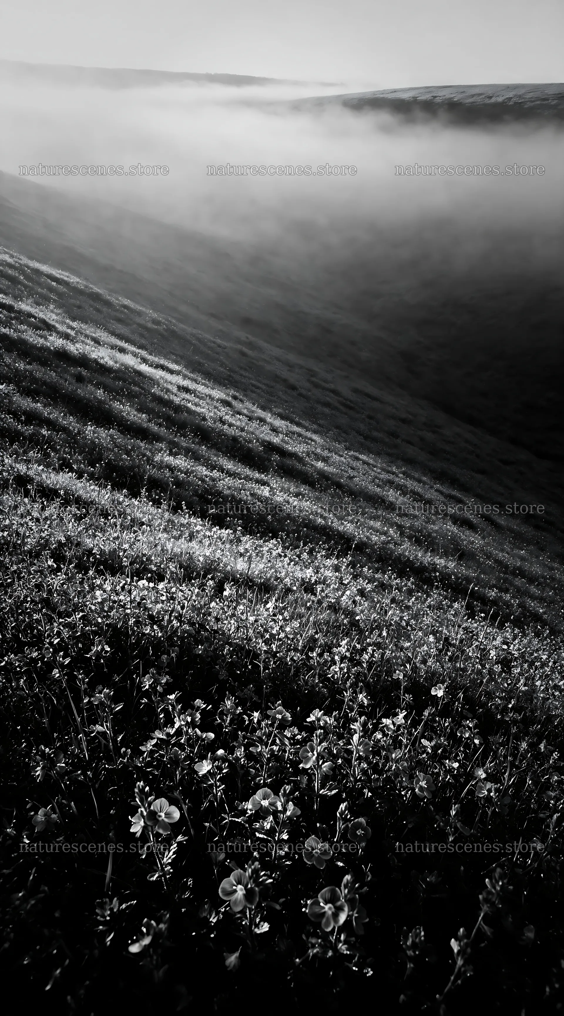 Clover speedwell meadow in morning light on hillside – nature scenes 5916x10648