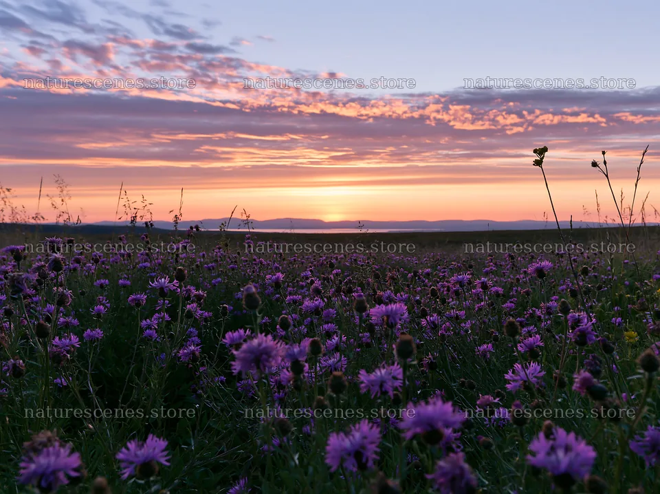 Sunset over a meadow filled with knapweed flowers – nature scenes 9174x6866