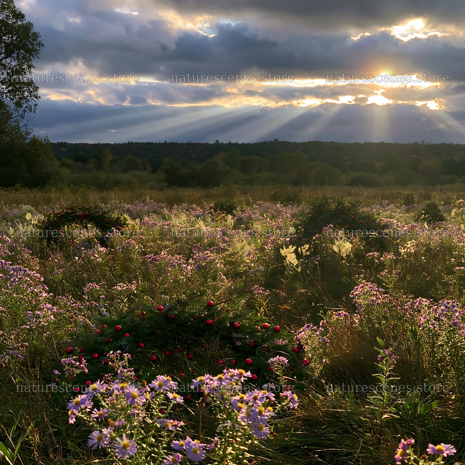 Christmas wreaths resting in a meadow under dramatic clouds – nature scenes 7938x7938