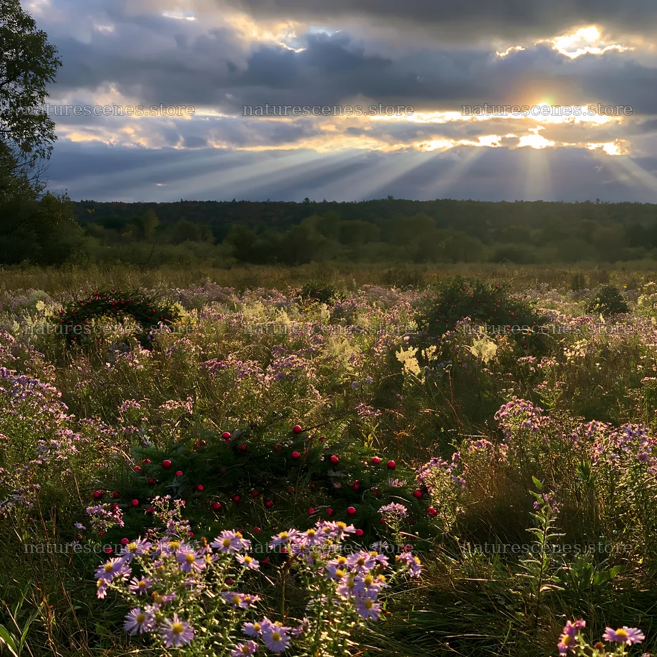 Christmas wreaths resting in a meadow under dramatic clouds – nature scenes 7938x7938