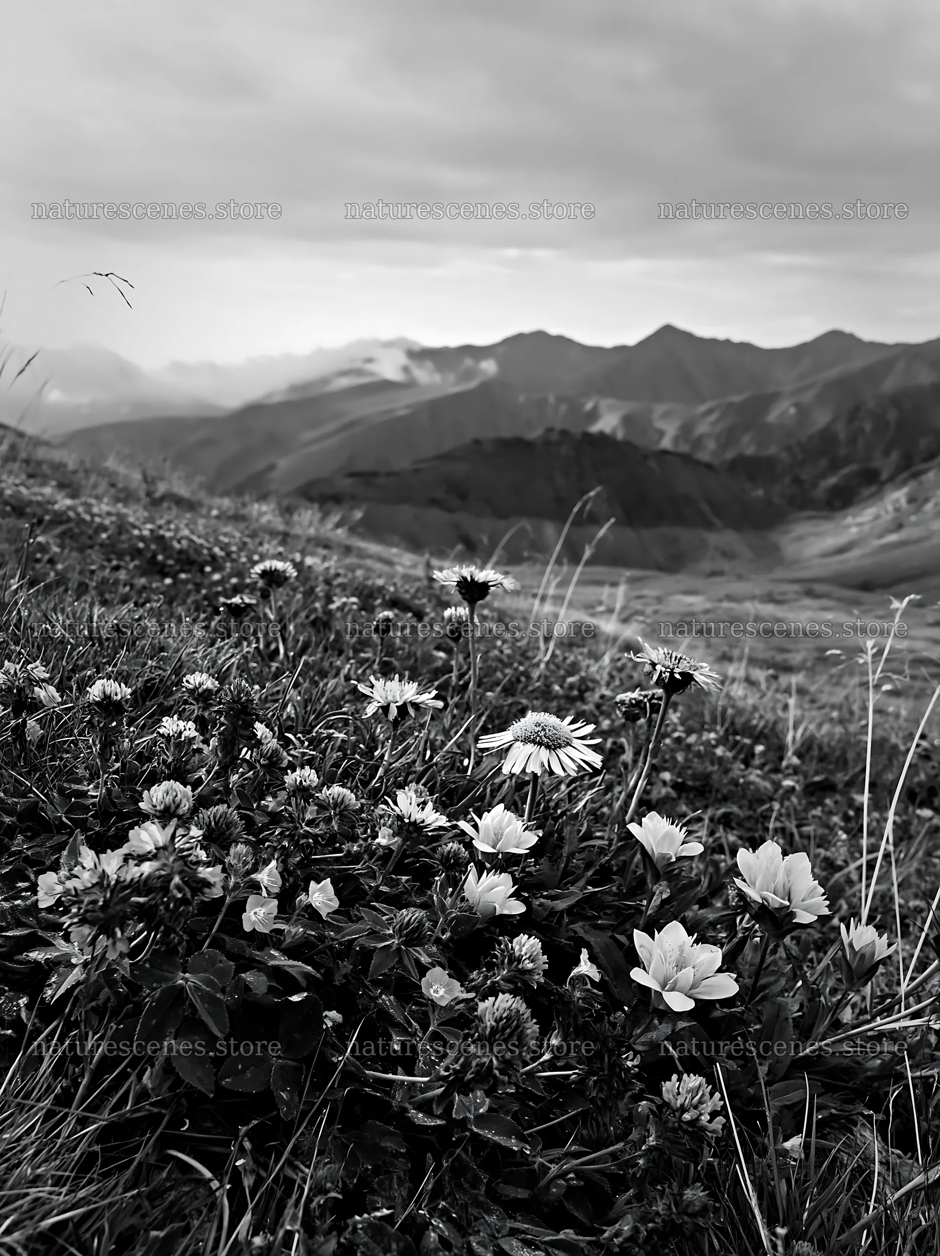 Clover speedwell meadow with mountains in the background – nature scenes 6866x9174