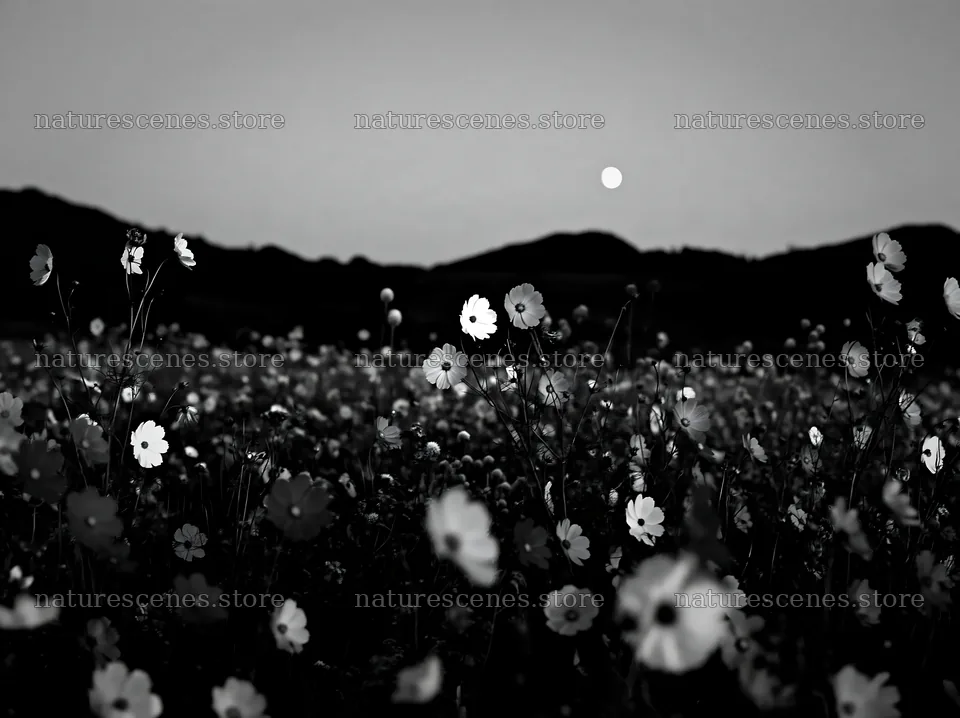 Colorful cosmos meadow under evening sky with setting moon – nature scenes 9174x6866