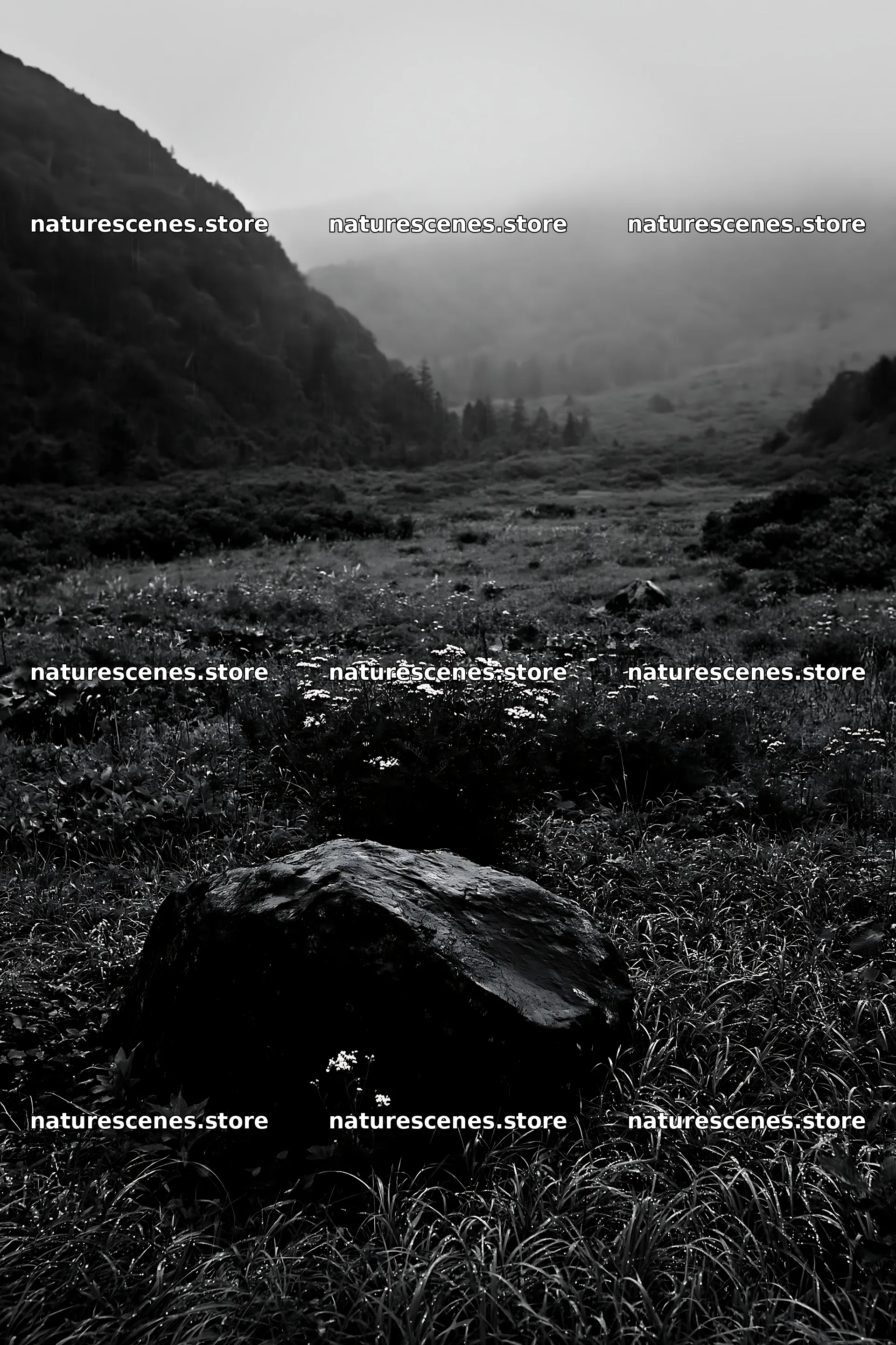 Aomori climate resilient meadow with boulder under misty sky – nature scenes 6480x9722