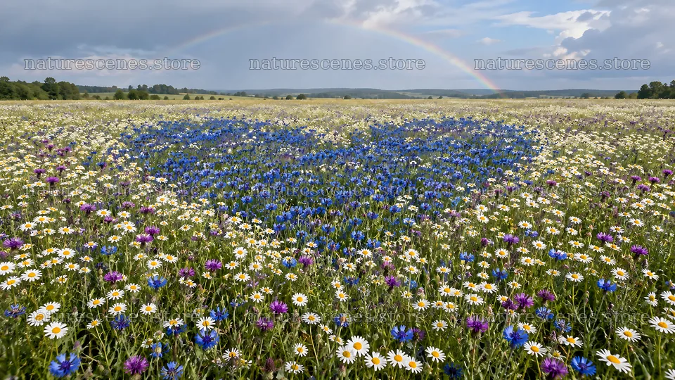 Heart-Shaped Blue Flowers in a Colorful Meadow – nature scenes 10331x5808