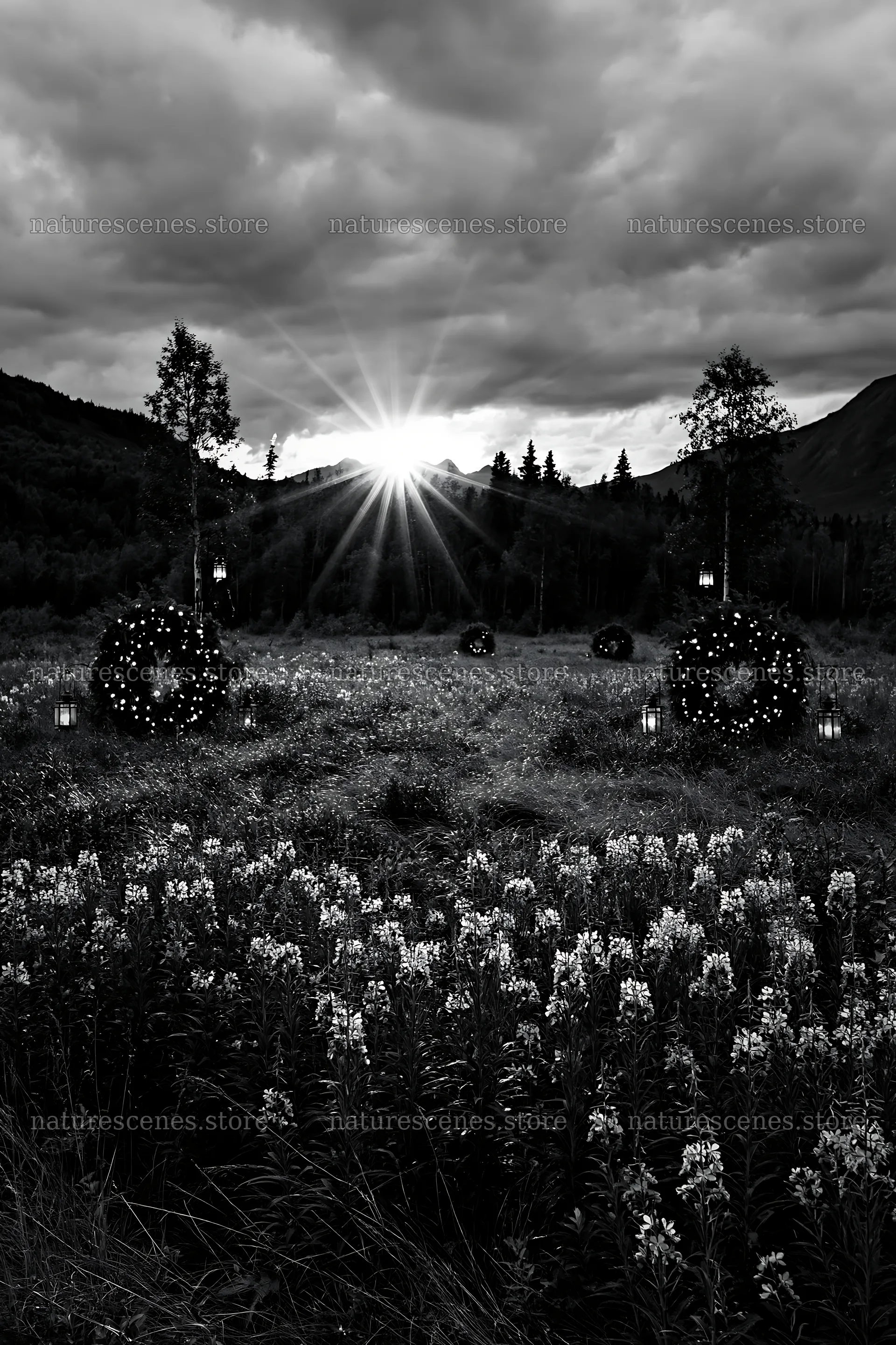 Christmas wreaths in meadow under dramatic clouds and rays – nature scenes 6480x9722