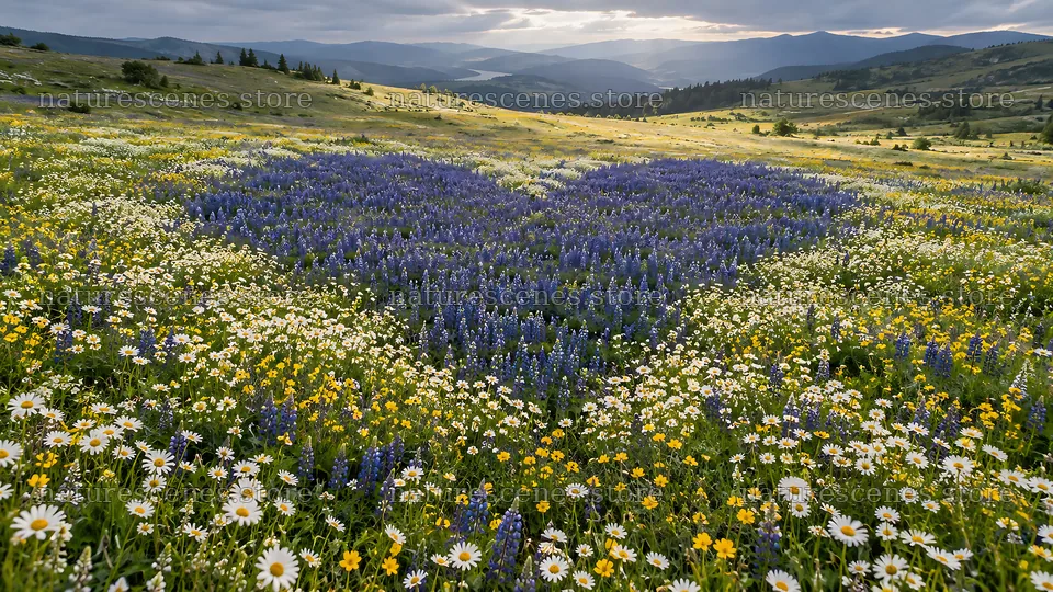 Heart-Shaped Wildflower Meadow in a Mountain Valley – nature scenes 10324x5812