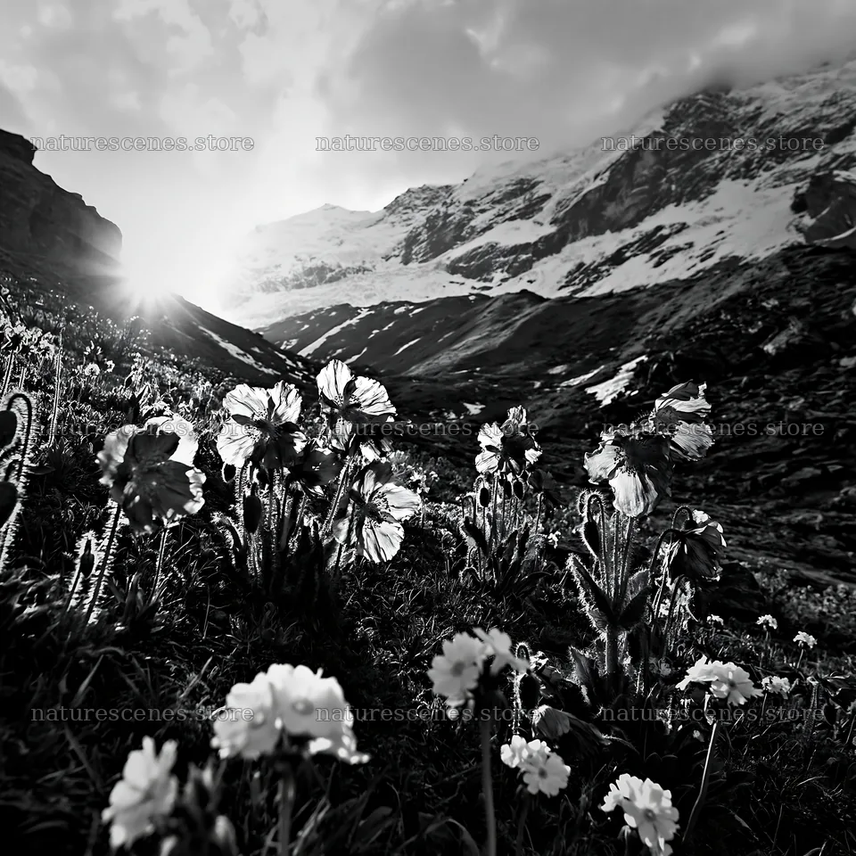 Mountain pass meadow with flowers and snow-capped mountains – nature scenes 7938x7938