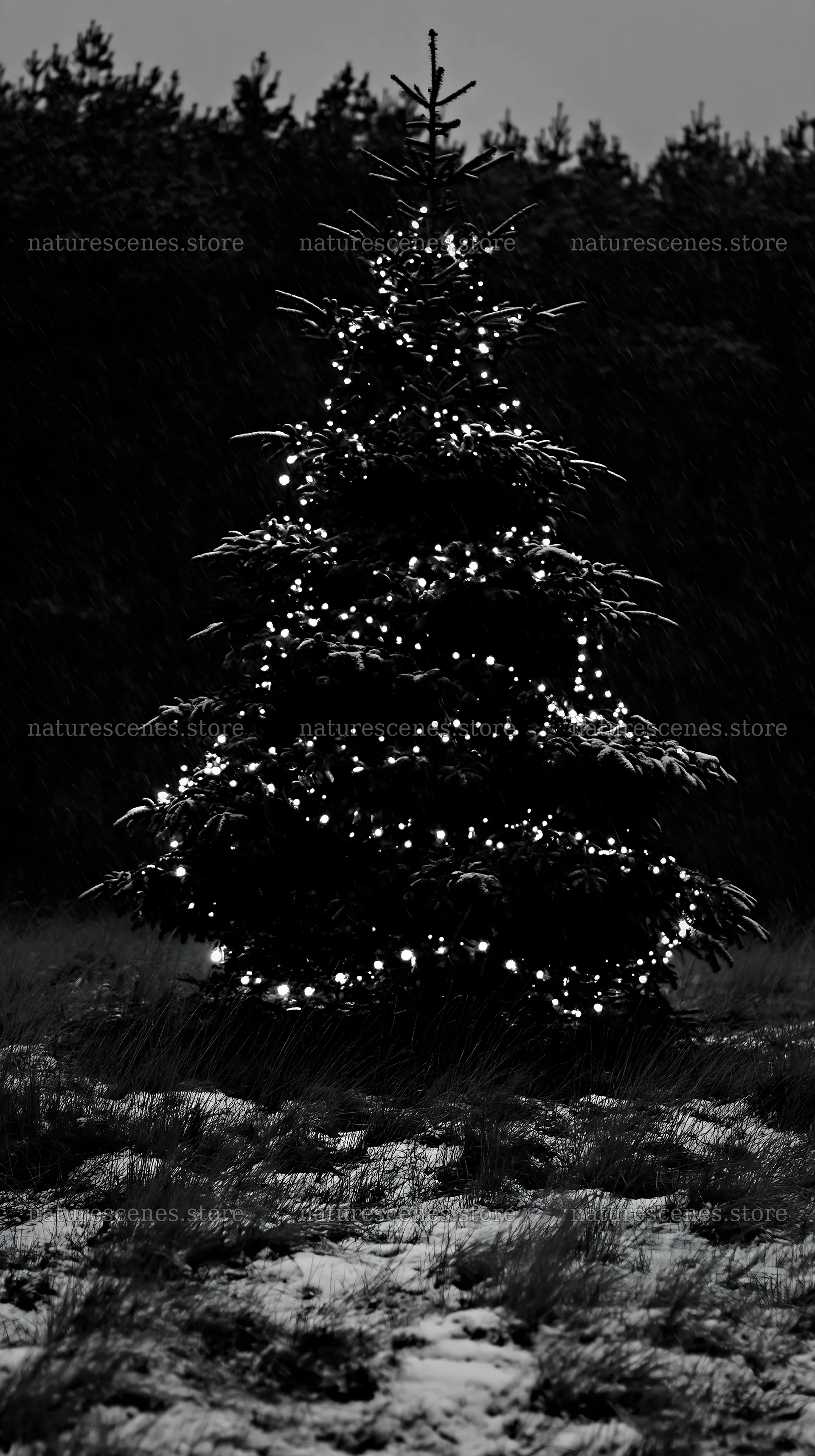 Decorated Christmas tree with lights in snowy meadow – nature scenes 5938x10608