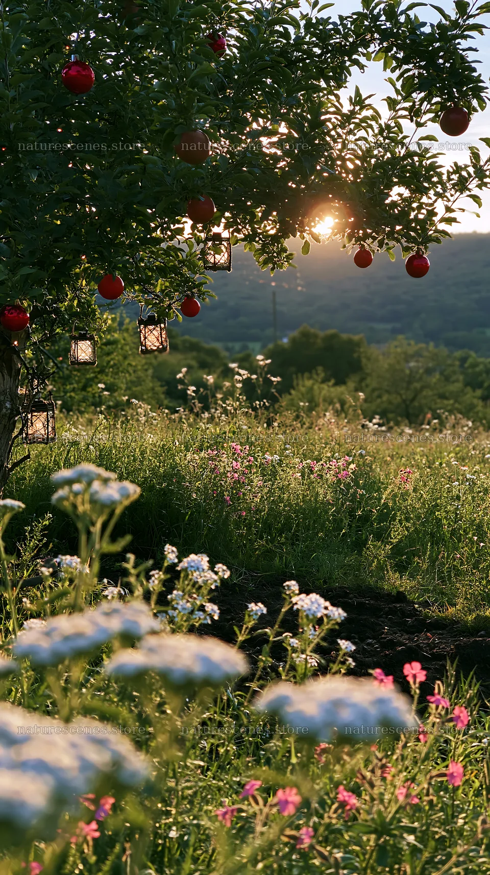 Christmas lights on apple tree in meadow at sunset – nature scenes 5938x10608