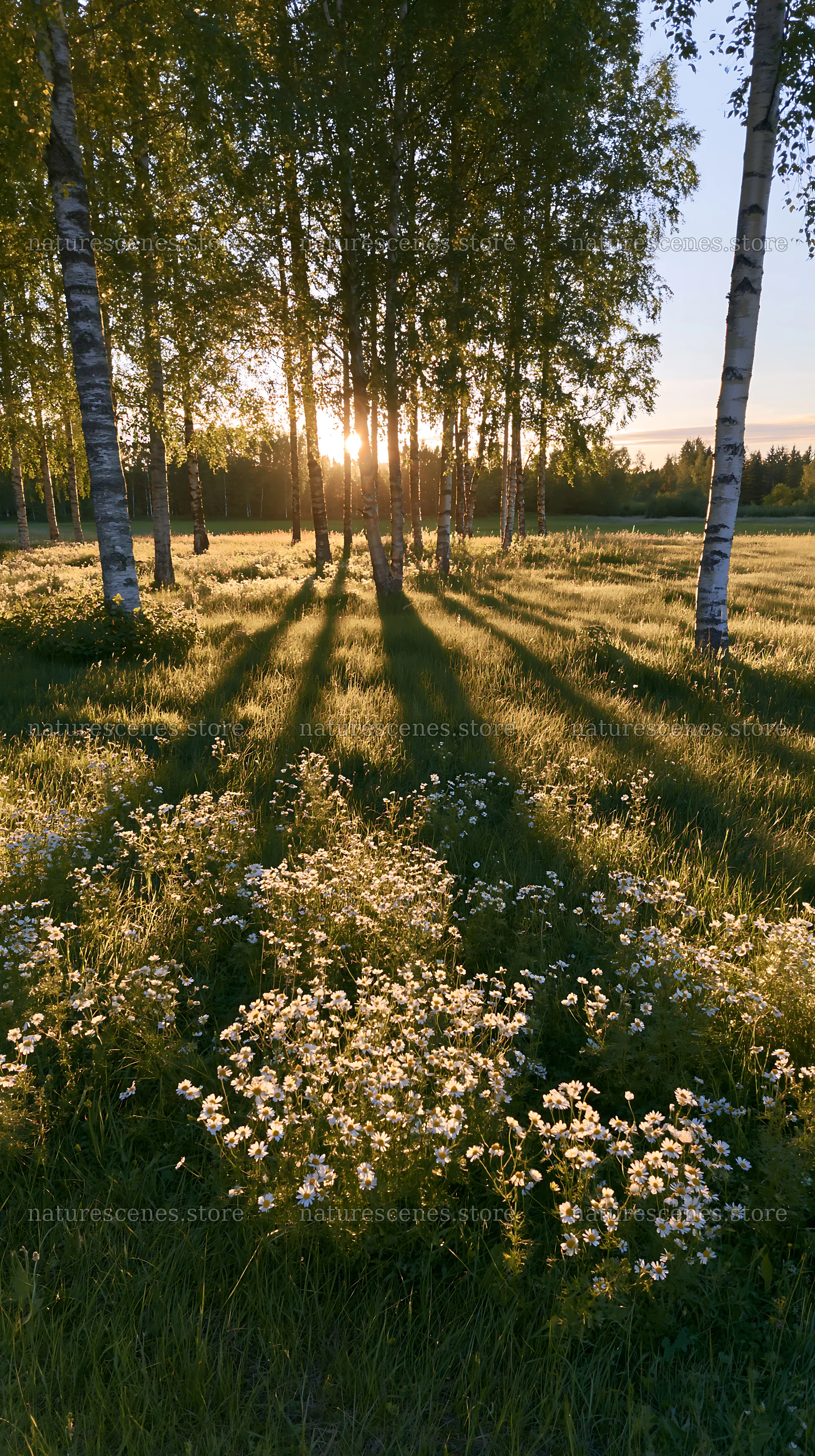 Sunrise in a birch forest meadow with flowers – nature scenes 5938x10608