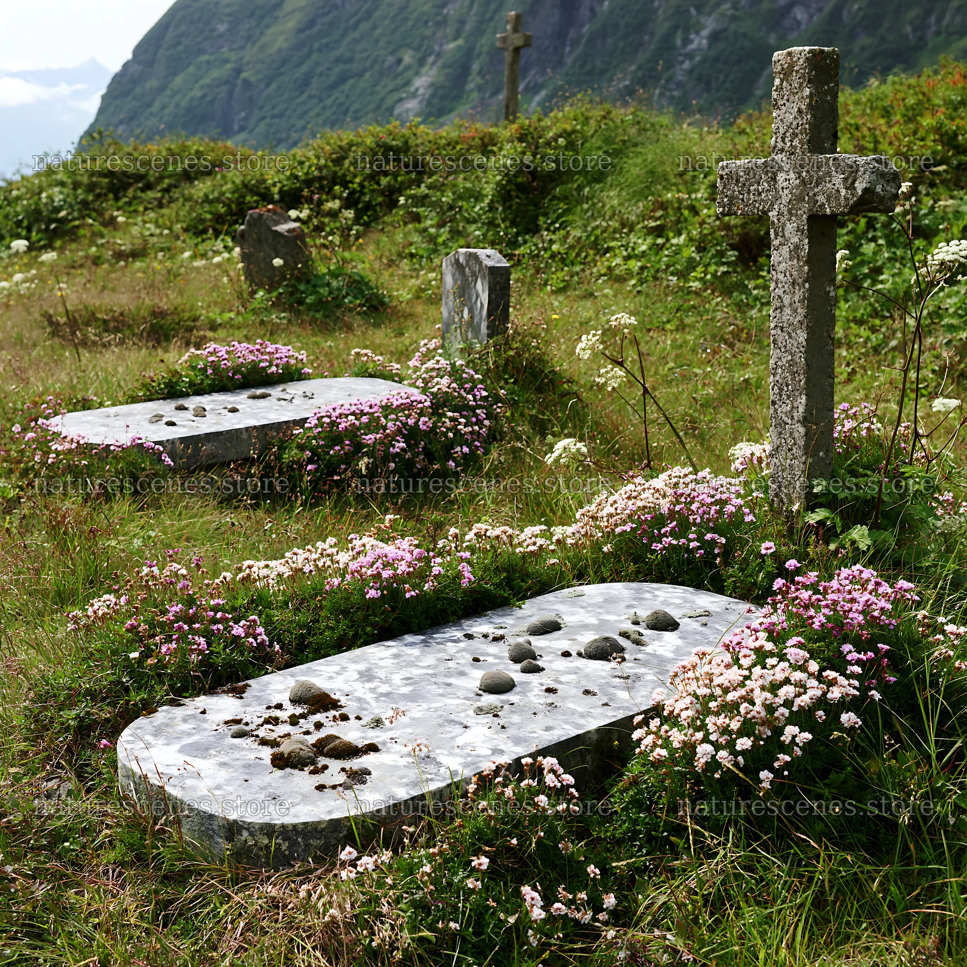 Christian cross above secluded mountain meadow – nature scenes 7938x7938
