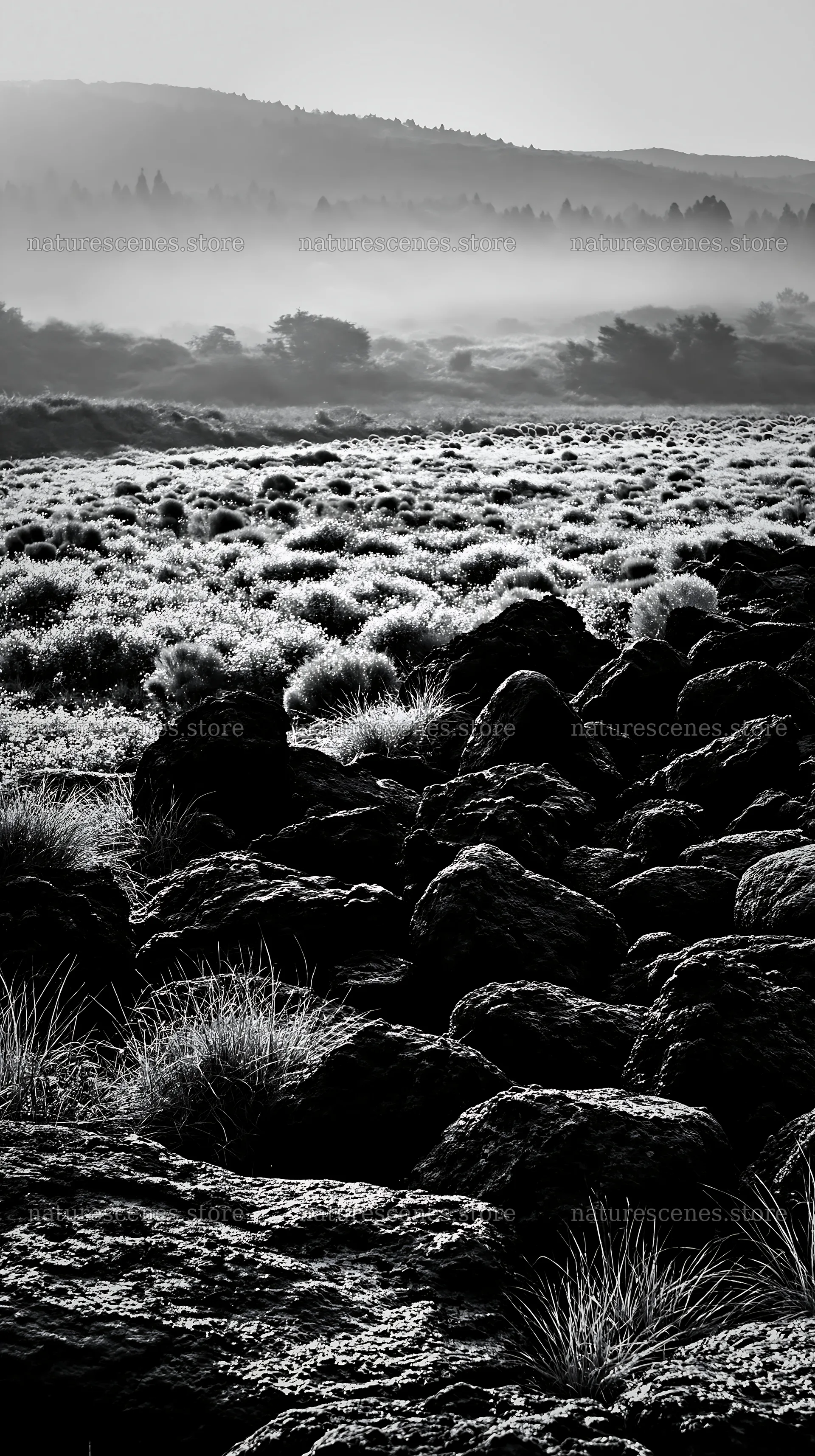 Kanagawa volcanic stones in a heat resilient meadow – nature scenes 5938x10608