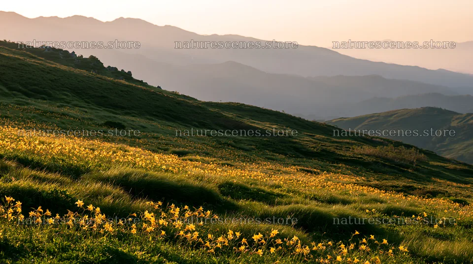 Kirigamine highland daylily meadow during sunset – nature scenes 10608x5938