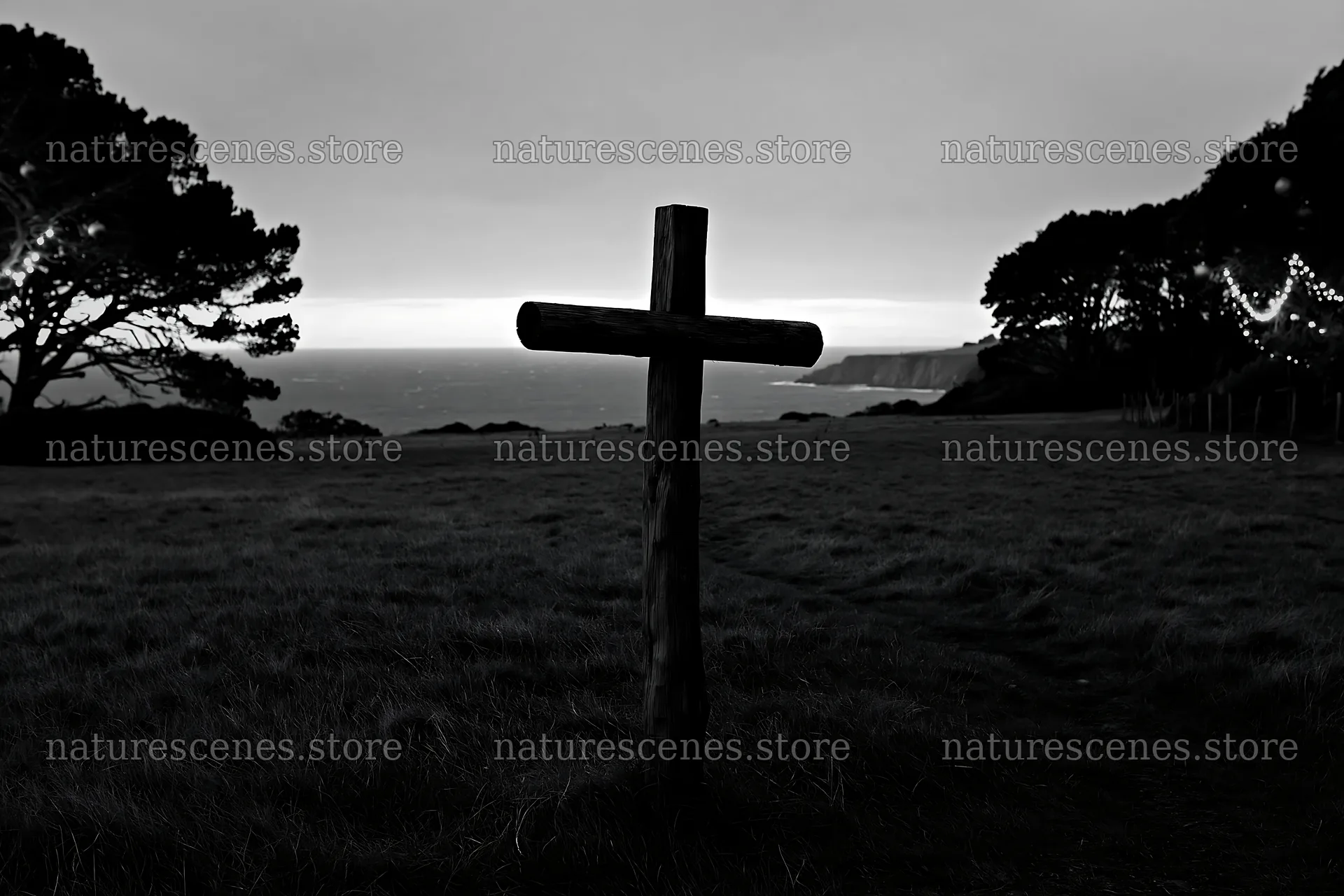 Christian cross in a meadow near the coast – nature scenes 9722x6480